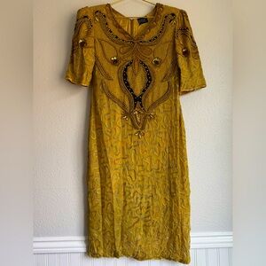 VTG 100% Silk Beaded Sequin Midi Dress Women Sz: M Gold 80s Prom Glam Retro